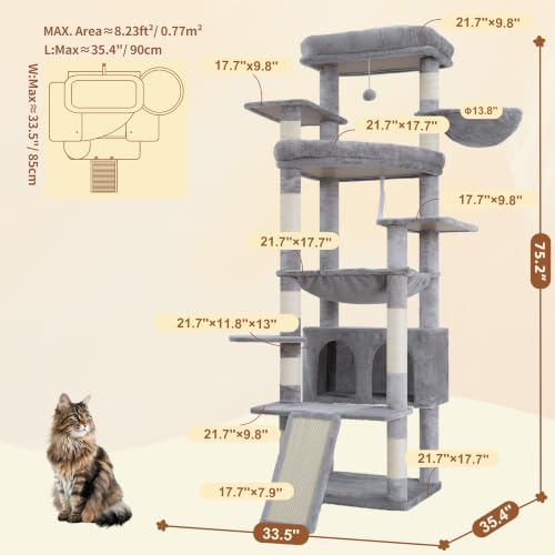 Image of Heybly Tall Cat Tree for Large Cat, 80-inch Multi-Level Cat Tower HCT038W