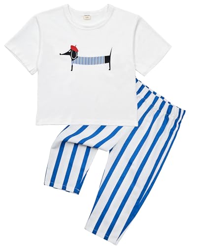 SunoZee Toddler Baby Cute Dachshund Outfit 2-Piece Set - T Shirt Tees Elastic Striped Pants Set Infant Summer Clothes