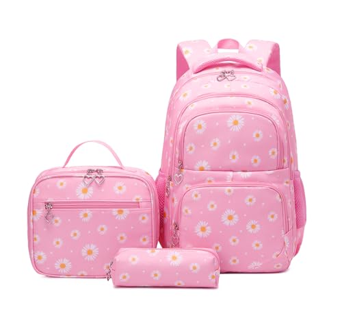 EKUIZAI 3Pcs Daisy Prints Backpack for Girls Bookbag set Primary School Daypack Elementary Students Knapsack with Lunch Box