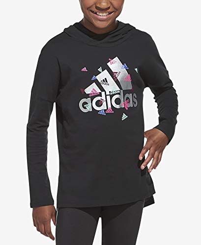 adidas Girls' Long Sleeve Hooded Tee T-Shirt, BoS adi Black Print, X-Large