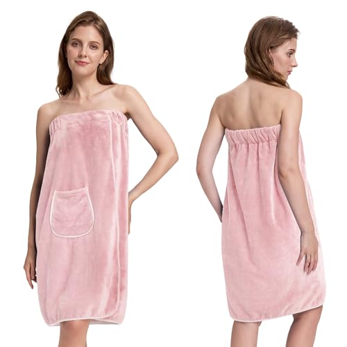 PJGGZ Towel Wrap for Women, Three Adjust Clasps Closure Bath Wraps After Shower Spa Sauna Bathrobe(Available in Plus Size)(Light Pink, S/M