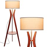 Brightech -Charlotte Rustic Shelf LED Floor Lamp - Tripod Standing Light for Mid Century Modern Living Rooms & Bedrooms - Contemporary, Tall Office Lamp - Drum Shade - with LED Bulb - Havana Brown
