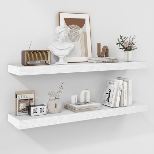Fun Memories 36 Inch Floating Shelves - Deep Rustic White Wooden Wall Shelves - Extra Deeper & Thicker Wall Mounted Storage Shelf for Bedroom, Kitchen, Farmhouse - 2 Pack, Rustic White