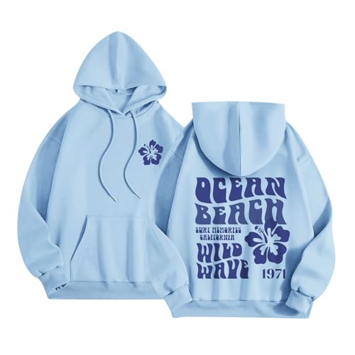 Sulayesh Hawaii Hibiscus Hoodie for Women Teen Girls Plam Ocean Beach Sweatshirt Flower Puff Graphic Aesthetic Oversized Tops(Blue,M)