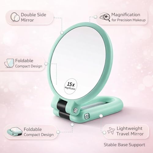 Image of 15X Magnification Double-Sided Folding Handheld Makeup Mirror, 1X /15X, Round, Portable Travel Mirror, 23x13.5x2 cm (Blue)