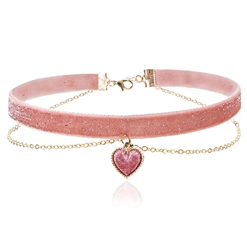 2Pcs Bling Bling Velvet Choker Necklace Set with Heart Pendant - Romantic Pastel Pink and Mint Green - Adjustable Collars for Women2
