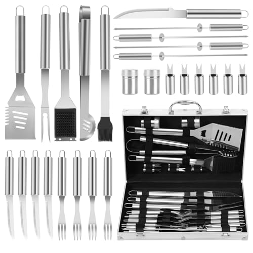 26-Piece BBQ Grill Accessories Set | Ultimate Grilling Tools for Men - Heavy Duty Stainless Steel BBQ Utensils Kit with Aluminum Case & Grill Brush for Dad (Stainless)