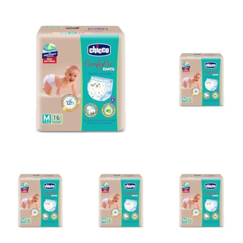 Image of Chicco Comfy-Pro Pant Style Baby Diapers | Anti-bacterial benefits | Ultra Soft & 12hrs protection | Wetness indicator & Disposing Tapes - Medium, 16 Count, 7-12 Kg (Pack of 5)