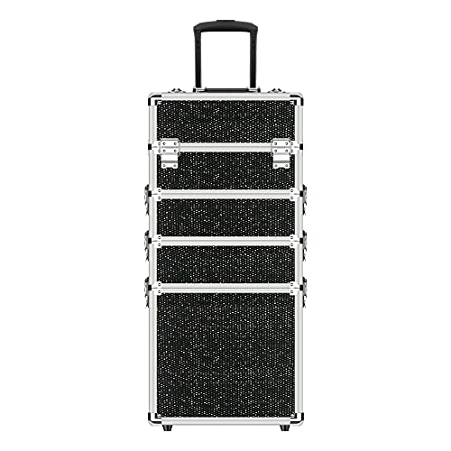 4 in 1 Makeup Cases Professional Cosmetics Rolling Train Organizer with Aluminum Frame and Folding Trays Black Diamonds