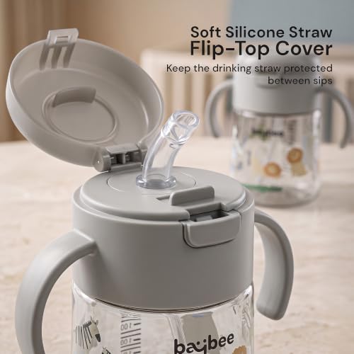 Image of BAYBEE Sipper for Baby with Soft Silicone Straw | Baby Sippy Cup with Anti-Spill Lock Water Bottle with Twin Handles | BPA-Free Tritan Drinking Sipper for Kids for Infants & Toddlers (280ml - Grey)
