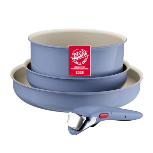 Lagostina Ingenio Pastel, Set di Padelle Antiaderenti 4 Pezzi con Manico Rimovibile, Compatibili con Induzione e Forno, Design Salvaspazio, Colore Nettuno