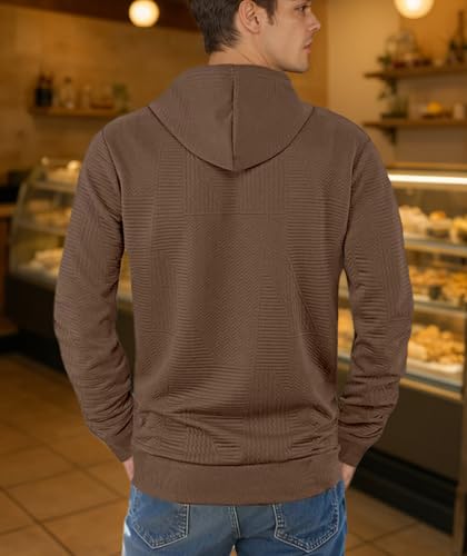 Mens Hoodies Trendy Quarter Drawstring Plaid Jacquard Long Sleeve Button Pullover Tops with Kanga Pocket3