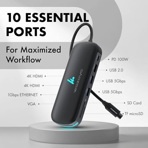 Image of Type C 10 in 1 Wozoyo Docking Station with 2XUSB 5Gbps, Dual 4K HDMI, VGA, Gigabit Ethernet, USB 2.0, SD & TF, PD 100W,Universally Compatible with Thunderbolt 4, macOS, Windows, Android & iOS