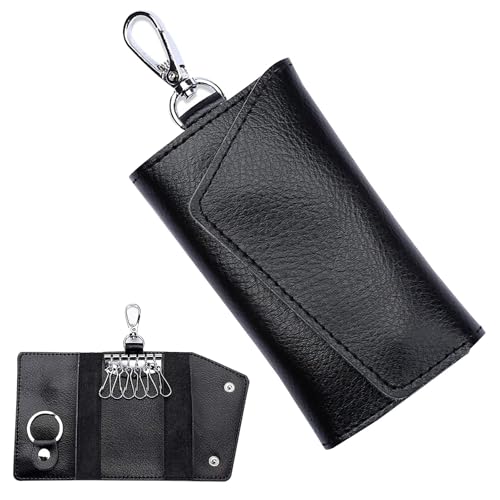 WOLMIK Estuche para llaves de piel auténtica para hombre y mujer, triple pliegue, multifuncional, con gancho para llaves, compartimento separado para billetes, Negro , Talla única