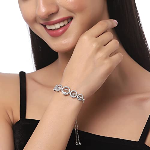 Image of ZENEME Set of 2 Rhodium-Plated Silver Toned American Diamond Bracelet Combo for Women & Girls Adjustable Designer CZ Tennis Bracelets
