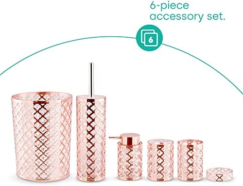 LIVIVO Stylish 6pc Bathroom & Sink Accessory Set - Modern Vanity Organiser Kit Include Tumbler, Toothbrush & Toilet Brush Holder, Lotion Dispenser, Soap Dish & Trash Bin (Rose Gold Lattice)