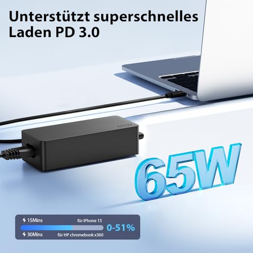 SUNYDEAL 65W HP Ladekabel Laptop USB C Ladegerät Netzteil für HP Dell Lenovo Thinkpad ASUS Acer Huawei Samsung Surface MacBook Type C Charger mit PD 3.0 QC Schnellladegerät