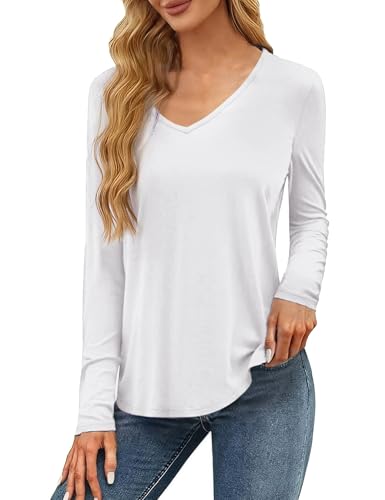 Wayleb Camiseta Manga Larga Mujer Elegante Básico Top T-Shirt Cuello en V Elástico Ligero Sólido Casual Túnica Top para Otoño y Invierno, Blanco 3XL