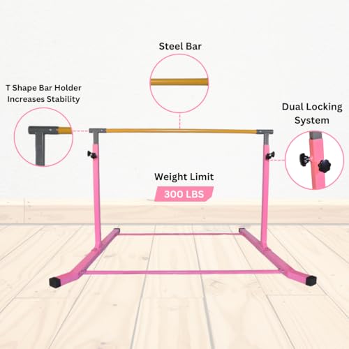 Iron Bar Gymnastics Bar Horizontal Bar 5 FT Height Adjustable Kip Bar Full Set + 6 FT x 4 FT Tumble Mat + 8 FT Adjustable Balance Beam for Kids Gymnasts, Boys Girls Home Gymnastic Training Set Pink