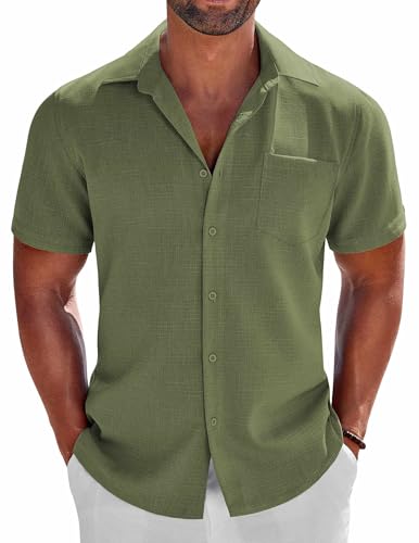 COOFNDY Men's Tropical Shirts Short Sleeve Button Up Dress Shirts for Men Olive Green