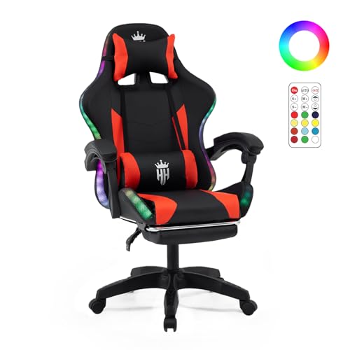 RGB Gaming Chair with Footrest Computer Gaming Chair with LED Lights for Adults Reclining Gamer Chair with Adjustable Headrest Lumbar Support and Linkage Armrests for Home Office Gaming Room