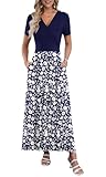 AUSELILY Vestidos Largo Verano Mujer Vestido Invitada Boda Elegante Cuello en V Manga Corta Vestido Mujer Casual Cintura Alta Maxi Vestidos Playa con Bolsillos Margarita Azul Marino Y Azul Oscuro L