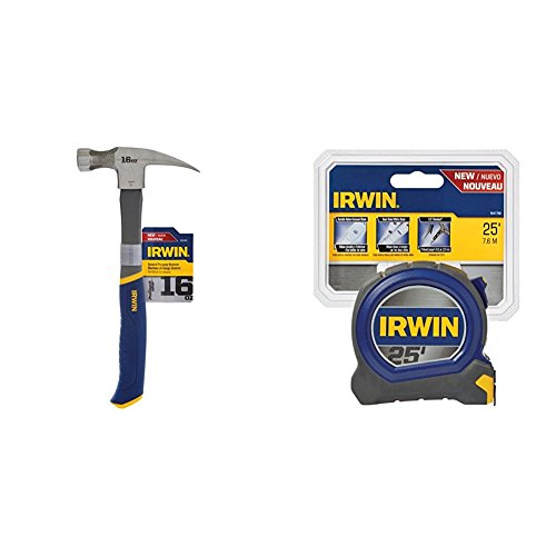 Irwin Tools 1954889 Fiberglass General Purpose Claw Hammer, 16 oz with 1947768 Pro Tape Measure, 25'