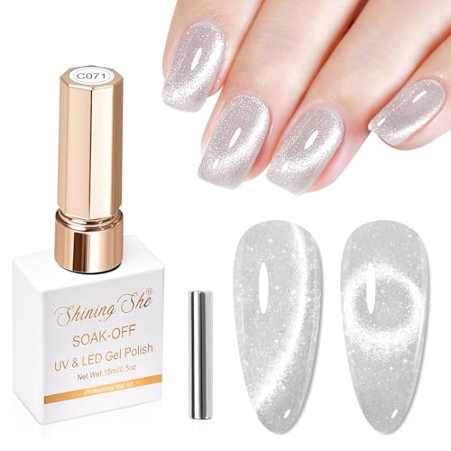 Shining She Pintauñas Semipermanentes de Uñas en Gel UV LED,15ml Clásico Blanco 9D Esmalte Ojo de Gato Semipermanente,Brillante Cat Eye Gel Polish para Principiante Uñas Art Salón,1PCS