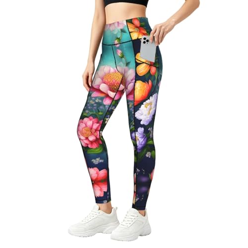 Leggings con estampado de flores y bolsillos pantalones elásticos mujer