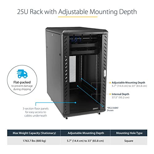 Image of StarTech 25U Enterprise-Grade Server Rack Cabinet, 19in Enclosed 4-Post Rack with 33in (83cm) Mounting Depth and 1764lb (800kg) Weight Capacity