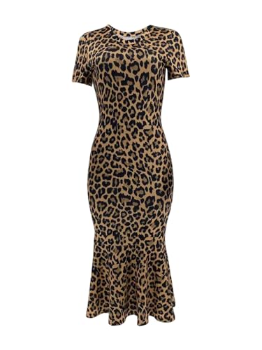 GORGLITTER Damen Kleid Elegant Midikleid Rüschenkleid mit Leopardenmuster Figurbetontes Partykleid Kurzarm Abendkleid Hocherzeitkleid Leoparden L