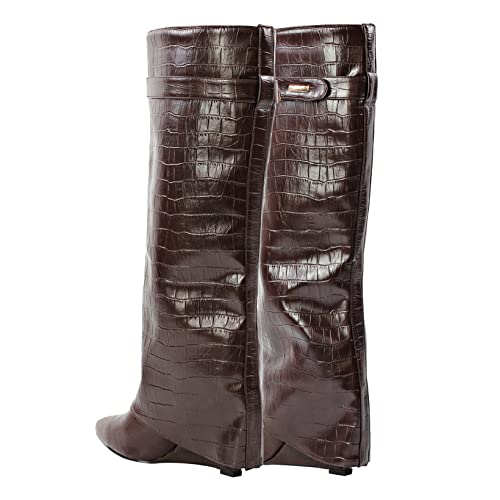 Richealnana Knee High Boots Wedge Heeled Boots Pointed Toe For Women 2022 Fashion Pull On Checkered Upper Classic Street Snap Jeans Dress Boots Brown Size9 #TOP3