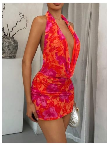 Image of OYOANGLE Women's Sexy Deep V Halter Dress Floral Bodycon Club Mini Dresses