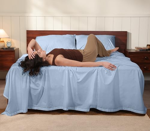 Image of RUVANTI 100% Cotton Percale Sheets California King - Crisp Cooling Summer Bed Sheets for Hot Sleepers, Deep Pocket 12 inch, Soft Peach Finish, Breathable & Durable Hotel-Style 4 Piece Set, Smoky Blue