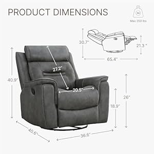 Leather recliner chair faux swivel rocker for adults manual sofa for living room bedroom home theater seatingdark grey  urban country home decor