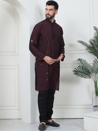 Image of SOJANYA (Since 1958 Men's Cotton Silk Sequinned Neck Embroidered Kurta with Black Pyjama