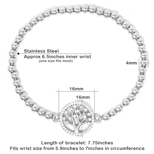 Stainless Steel Bracelet for Women Tree of Life Charm CZ Cubic Zirconia Gold Plated Bead Ball Stretchable Elastic Bracelets2