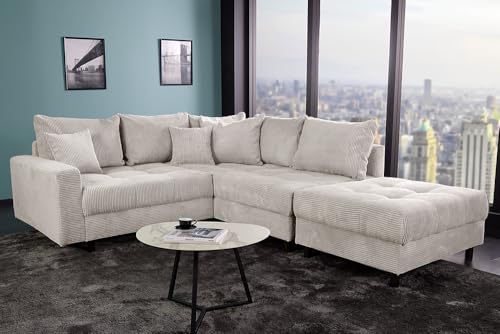Riess Ambiente Modernes Ecksofa Kent 220cm beige Cord inkl. Hocker Federkern L-Form Wohnlandschaft