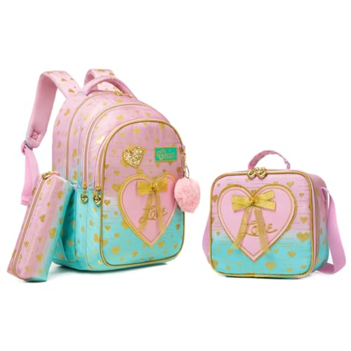 Conjunto de Mochila Infantil 3 Peças, Corações e Laço, Mochila Escolar com Bolsa Térmica e Estojo (Rosa Verde)