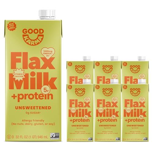 Good Karma Unsweetened Flaxmilk +Protein, 32 Ounce (Pack of 6), 5g Plant Protein + 1200mg Omega-3 Per Serving...