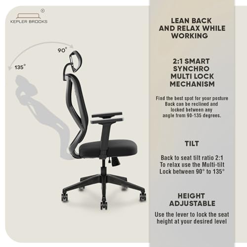 Image of Kepler Brooks Marvel Office Chair for Work | 3-Yr Warranty | Ergonomic Office Chair, Study Chair for Home, 2D Headrest & Armrest, Adjustable Lumbar, Multi Lock Recliner, Heavy Duty Metal Base (Black)