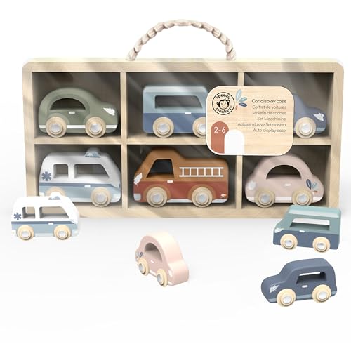 SPEEDY MONKEY Set of 6 Little Toy Cars & Wooden Case | For Boys & Girls 24m+ | Vibrant Colours Safe Smooth Edges Non Toxic Paint | FSC Certified Wooden Toys | Gifts for 1 2 3 Year Old Boys & Girls