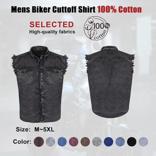 GARGOYLE BELLS Men's Sleeveless Cotton Shirts Biker Cuttoff Vest Cotton Shirt Cowboy Casual Button Down Shirt2