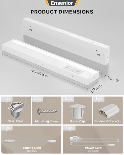 Ensenior 12 Inch LED Under Cabinet Lighting Hardwired or Plug-in Installation, 5CCT Color Selectable - 2700K/3000K/3500K/4000K/5000K, Dimmable Under Counter Lights for Kitchen, FCC, 120V, 8W 500LM