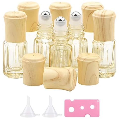 Pack of 8, Octagonal Empty Glass Roller Bottles Goose yellow 3ml Mini Portable Glass Roll-on Bottles with Stainless Steel Roller Ball and Wood Grain Lid Travel Cosmetic Container Vial, Goose yellow Cover