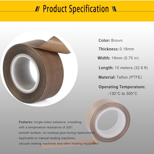 Image of PTFE Coated Fabric Tape Teflon Adhesive Tape High Temperature Vacuum, Hand and Impulse Sealers Machine Sealing Tape 0.18mm Thick (19mm-10M)