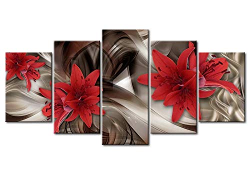 Yj_Art Framed Red Lily Flower Wall Decor Pictures Canvas Wall Art Prints For Bedroom Decorations Modern Abstract 5 Panel Floral Ready To Hang (C,Overall Size: 40''W X 20''H) #TOP1
