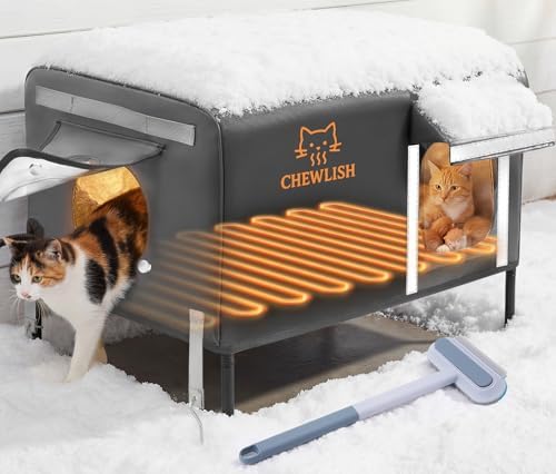 Outdoor Heated Cat House for Outside Cats Winter, 25'' Exceptional Thermal and Weatherproof, Outdoor Feral Cat Shelter with Waterproof Eaves & Magnetic Escape Door for Feral Barn Cat Kitty (Gray)