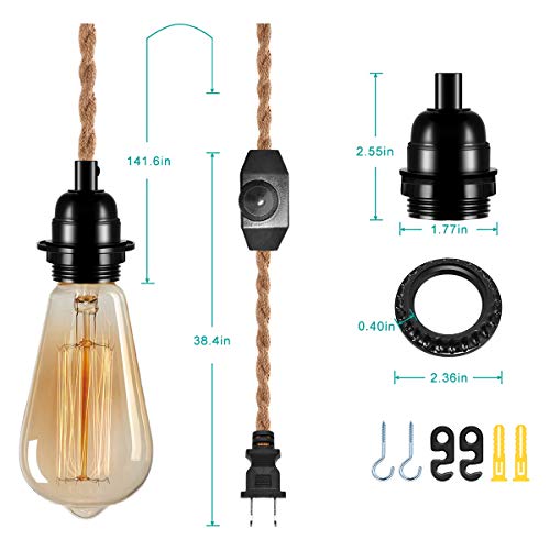 Vintage Plug In Hanging Light Kit, Doresshop Vintage 15Ft Twisted Hemp Rope Pendant Light Cord Kit With Dimmer Switch, Industrial Pendant Lighting E26 Socket For Pendant Lamp Farmhouse Lamp Cable Diy #TOP1