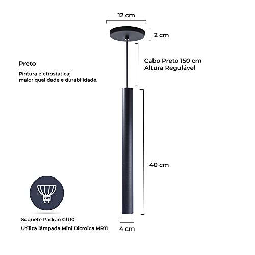 Kit 2 Pendente Luminária Tubo Preto 40 Cm